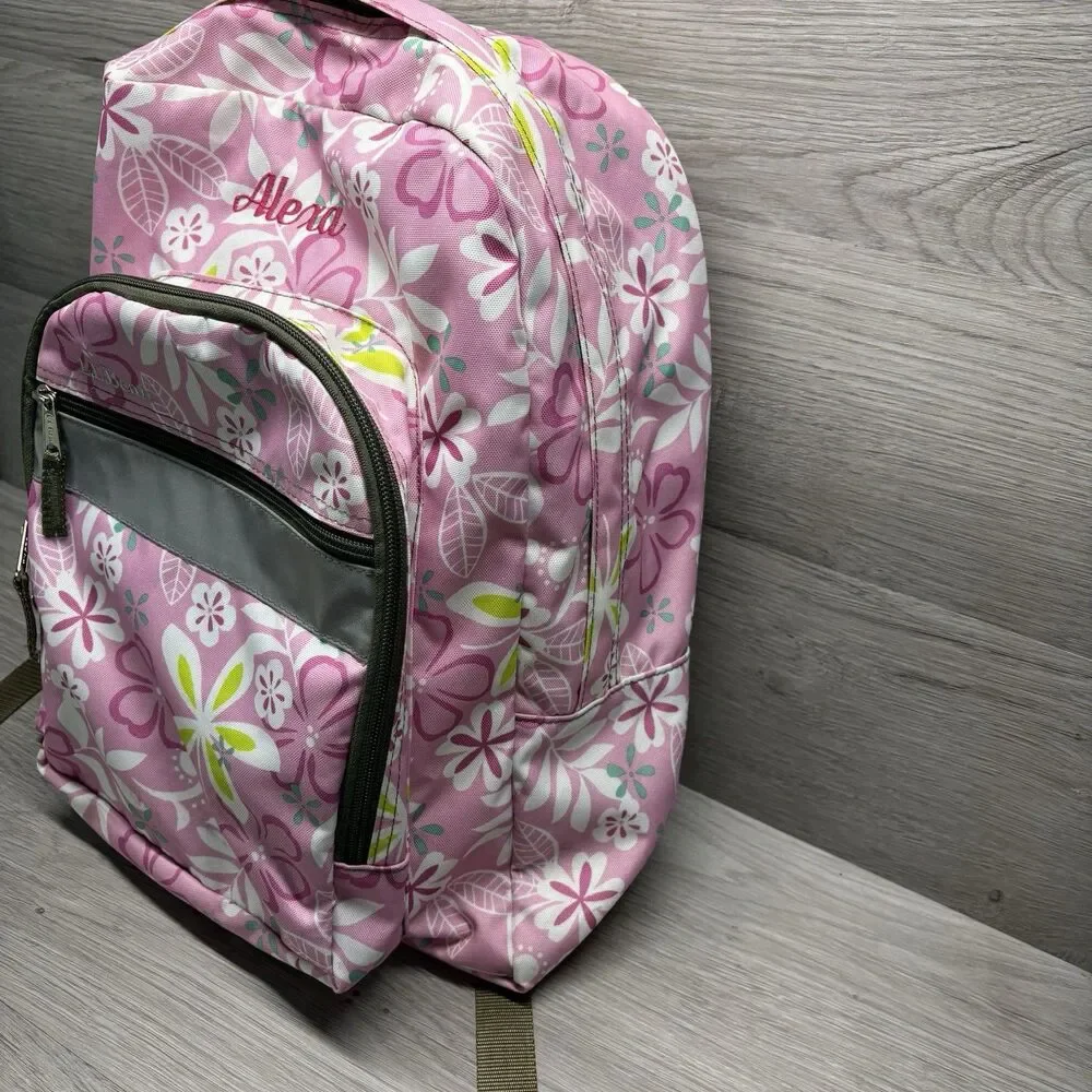 LL Bean Backpack Pink Floral Print School Travel Bag Reflective “Alexa”
